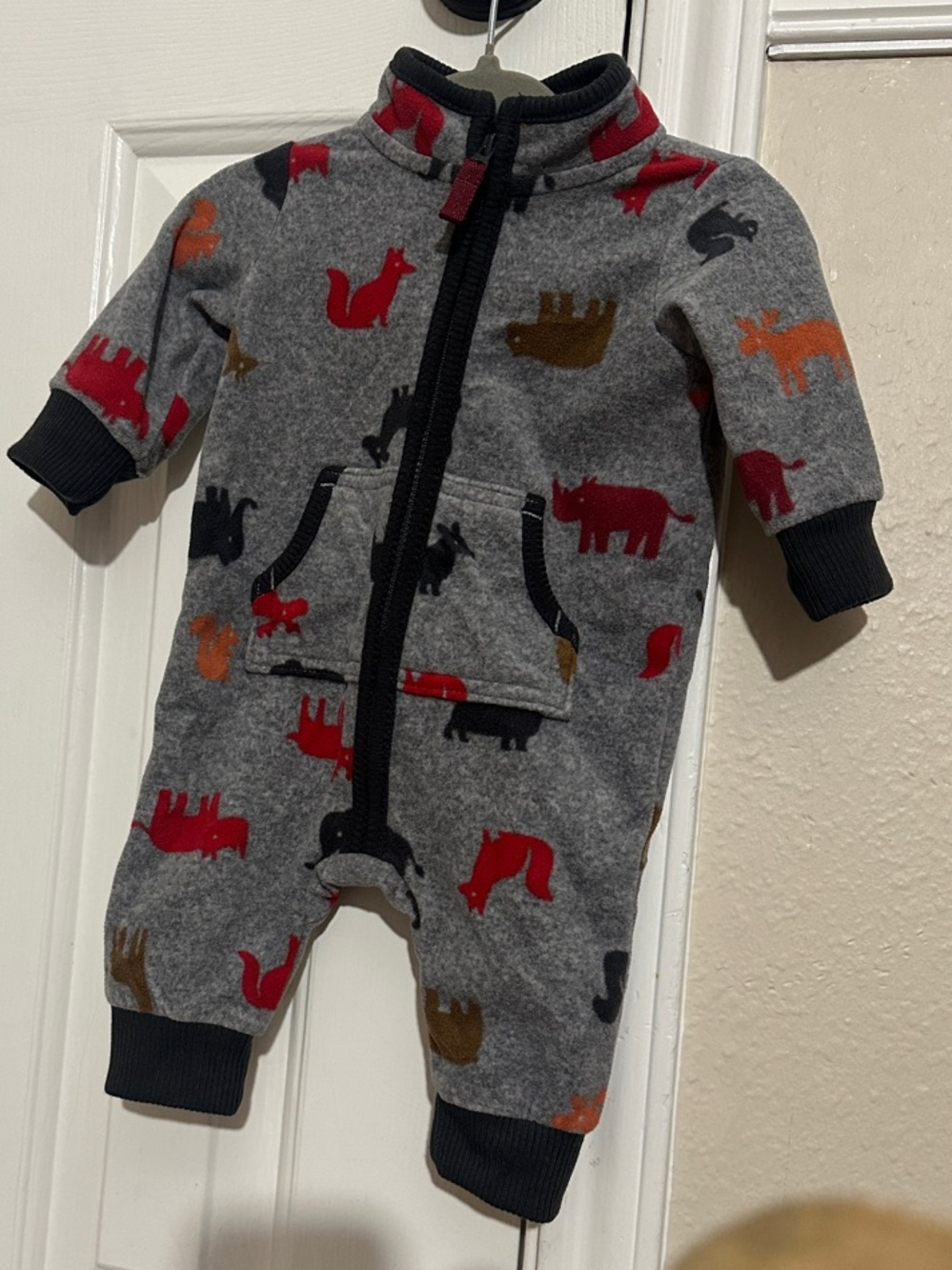 Carter's Gray Fleece One-Piece with Red, Orange, Brown and Black Animal Prints
